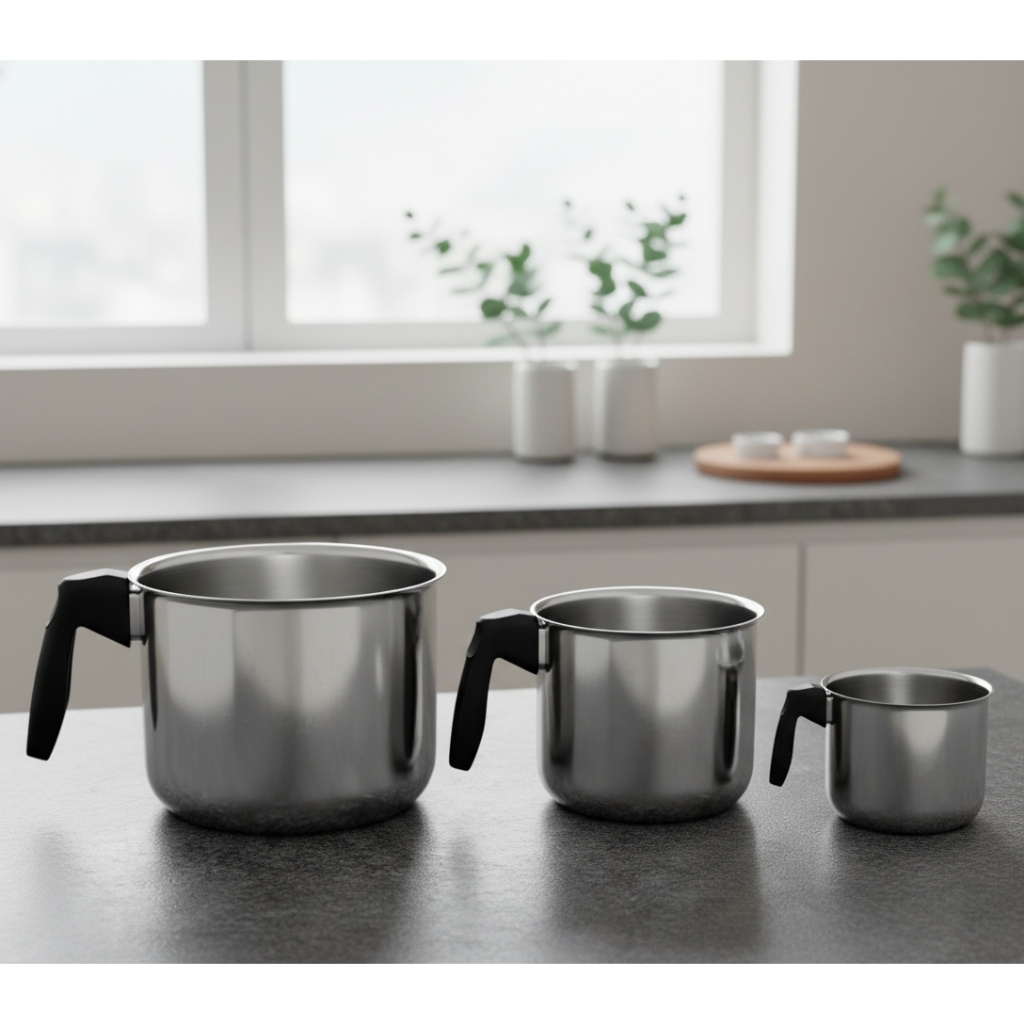 Imagem Canecão Leiteira e Fervedor em Alumínio Polido com Cabo de Baquelite – Ideal para Leite e Café