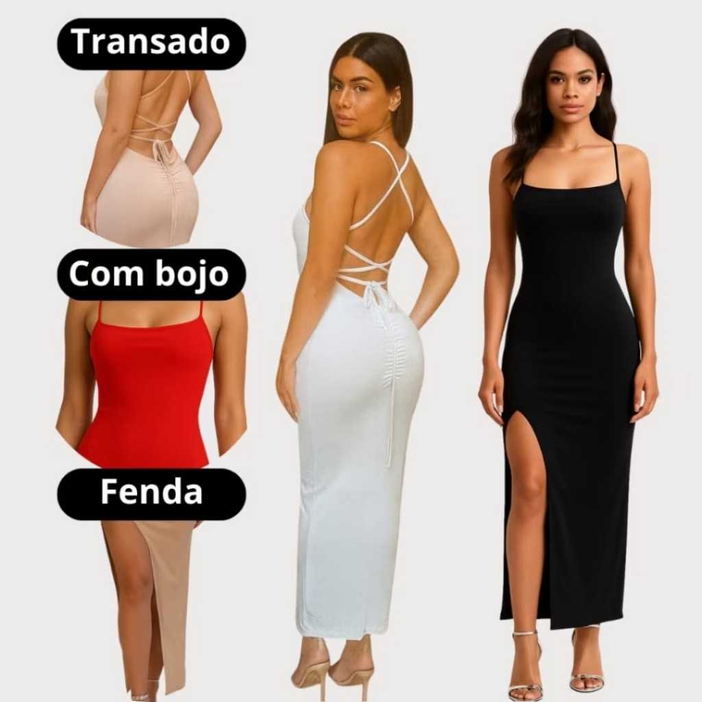 Vestido LONGO elegante com costas nuas trançadas Fenda Lateral Empina Bumbum Colado Novo
