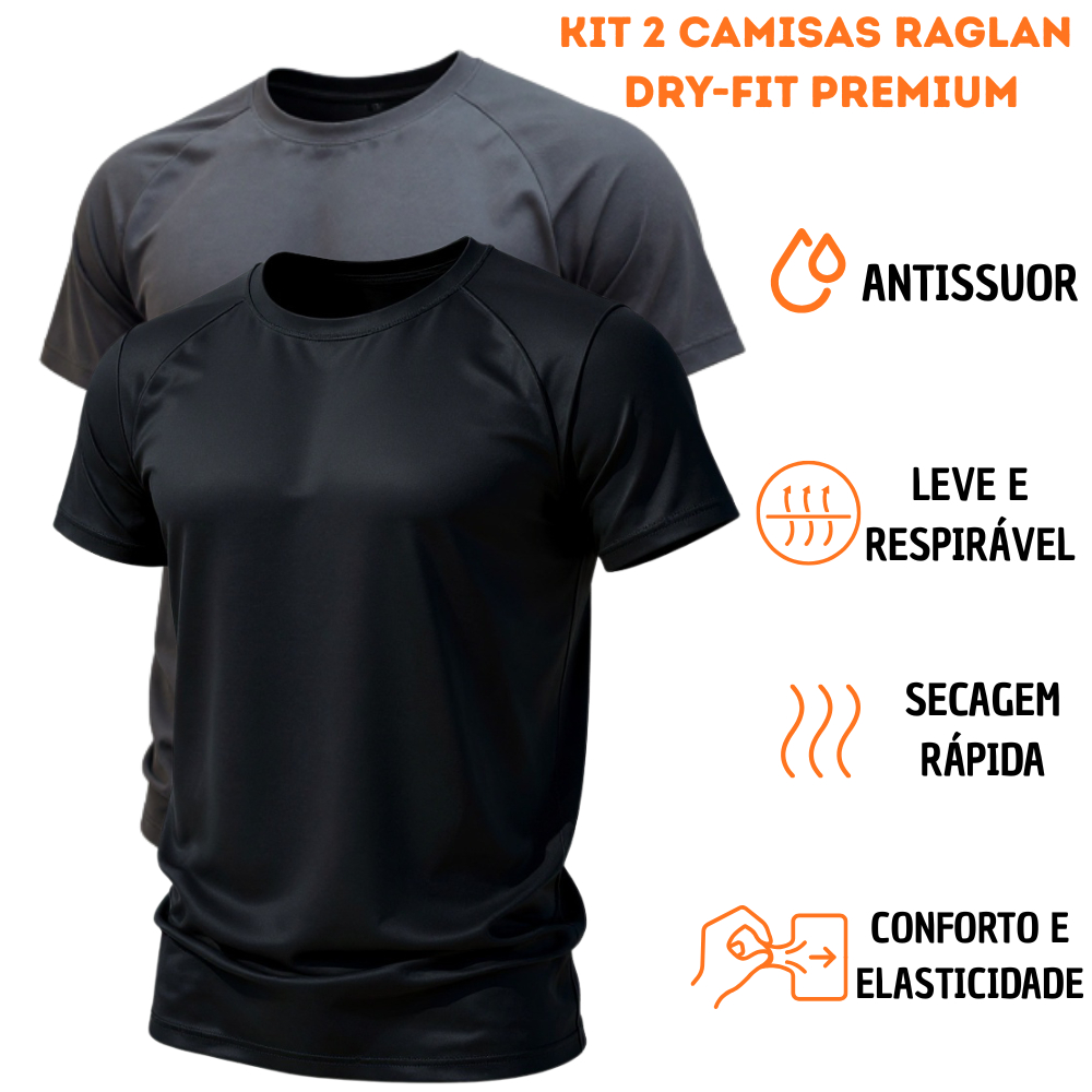 Kit 2 Camisetas Dry Fit Premium Raglan Masculina | Academia Fitness Treino Musculação Casual Respirável Leve