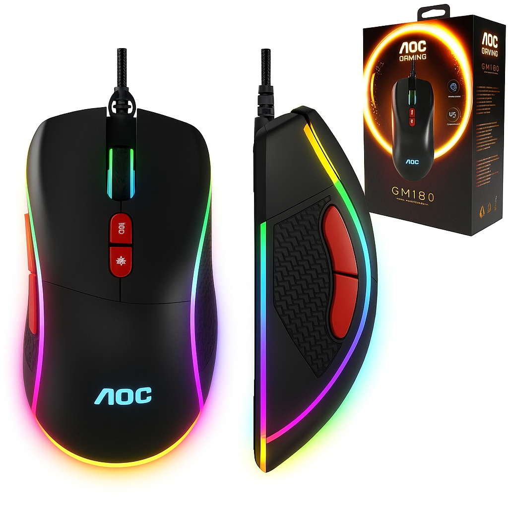 Mouse Gamer AOC 7200 DPI LED RGB Alta Precisão Cabo USB Para Jogos PC Notebook Profissional Óptico