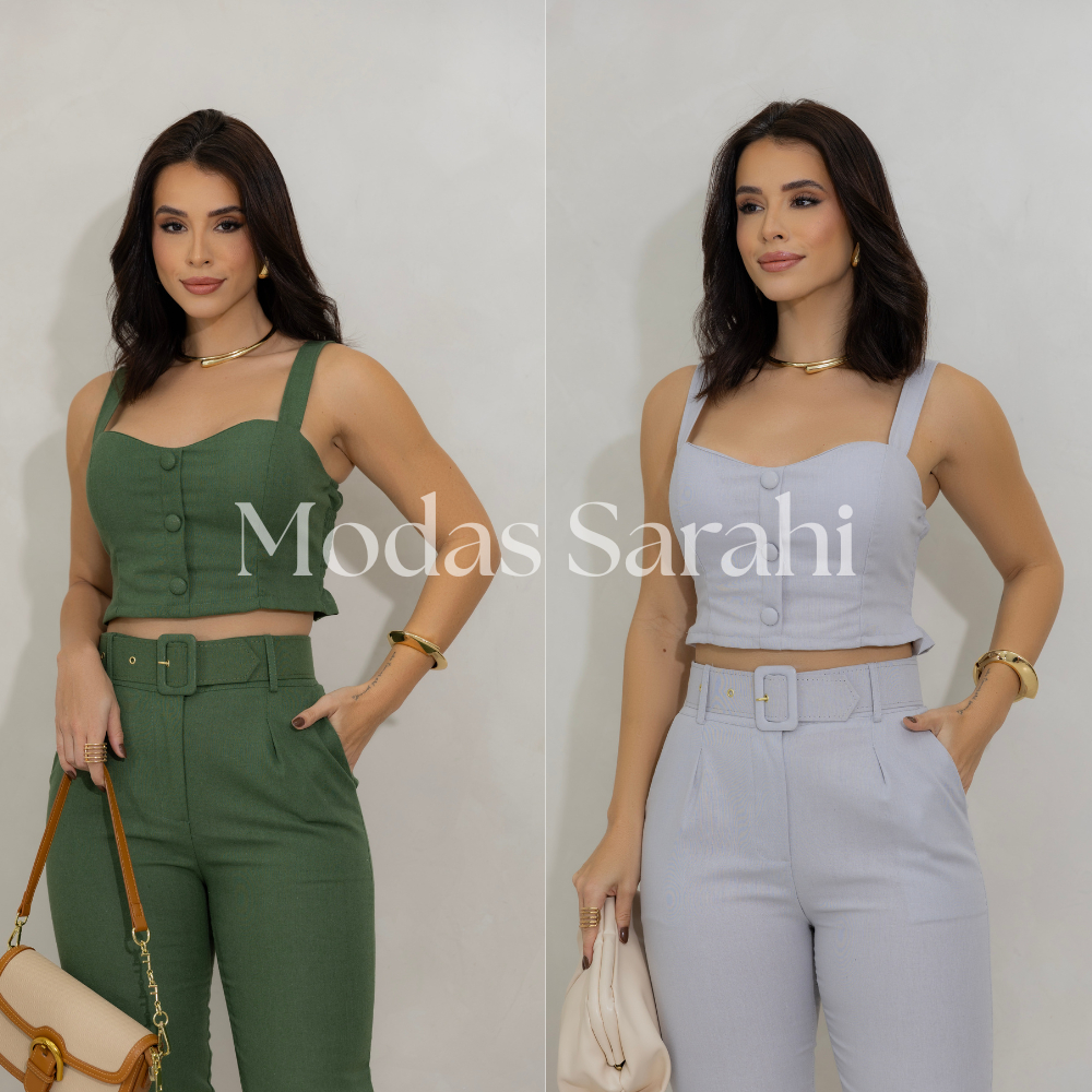 Conjunto Feminino em Linho com Cropped e Calça Cintura Alta 008 em Oferta na Shopee