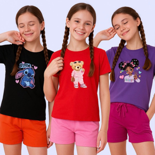 kit com 3 camisetas sortidas estampadas menina infantil juvenil modinha verão manga curta em Oferta na Shopee