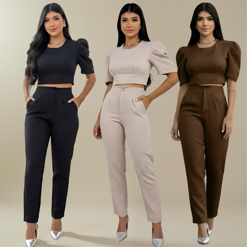 CONJUNTO ALFAIATARIA FEMININO NO LINHO em Oferta na Shopee