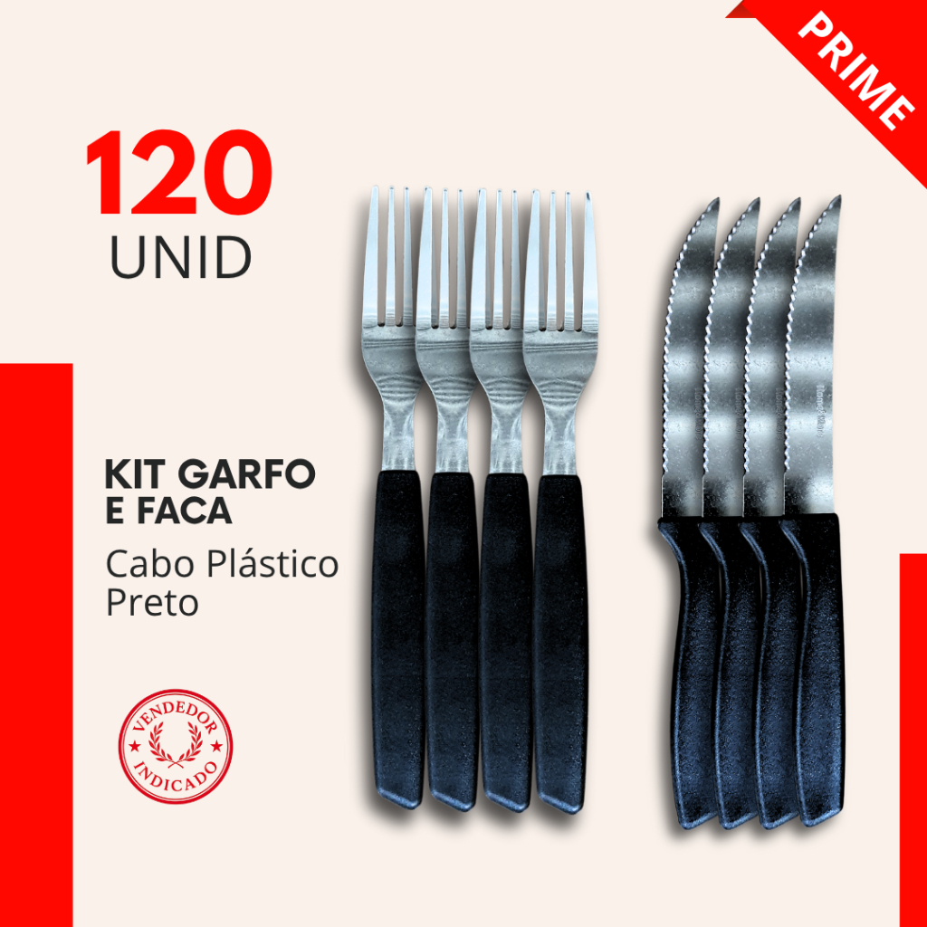Talher Kit 120, 60 ou 30 Peças Garfos Facas  Inox Cabo Preto Plastico Jantar Refeições Restaurante