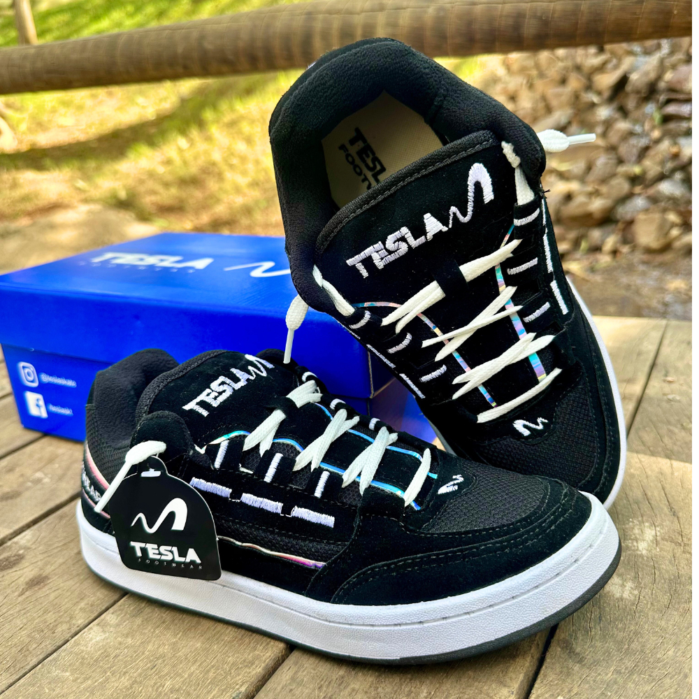 Tênis Tesla Coil Masculino Black White Refletivo Camurça Couro Bordado Confortável em Oferta na Shopee