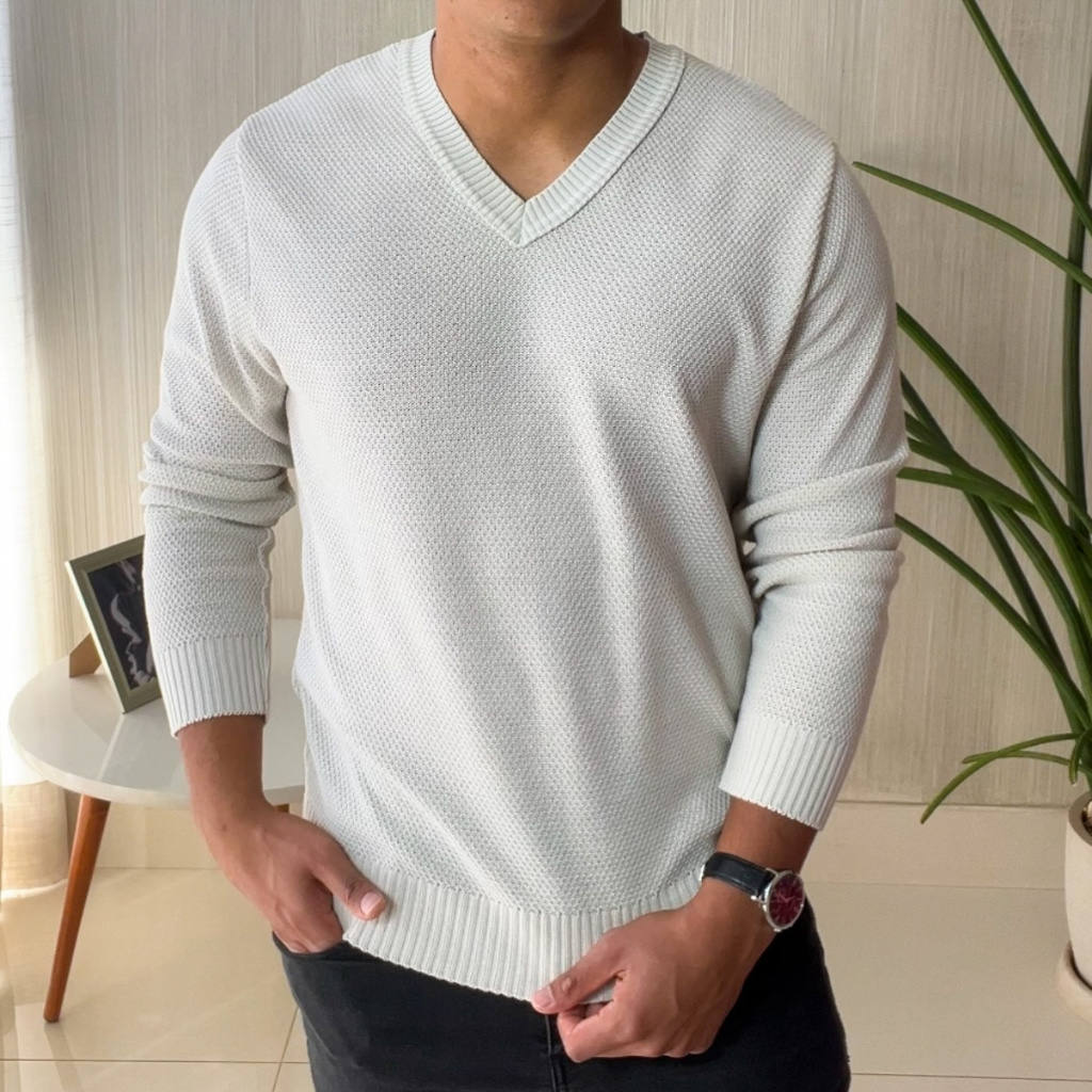 Sueter Masculino Lã Tricot Gola V Blusa de Frio de Tricô Manga Longa Básica Estilosa Casual Elegante