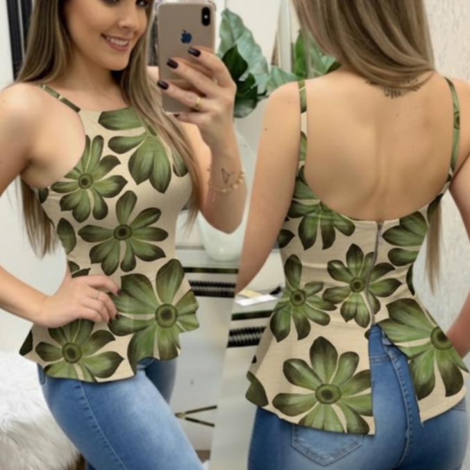 BLUSA PEPLUM ESTAMPA FLORAL VERDE ALSA FINA COM BOJO SUCESSO DE VENDA