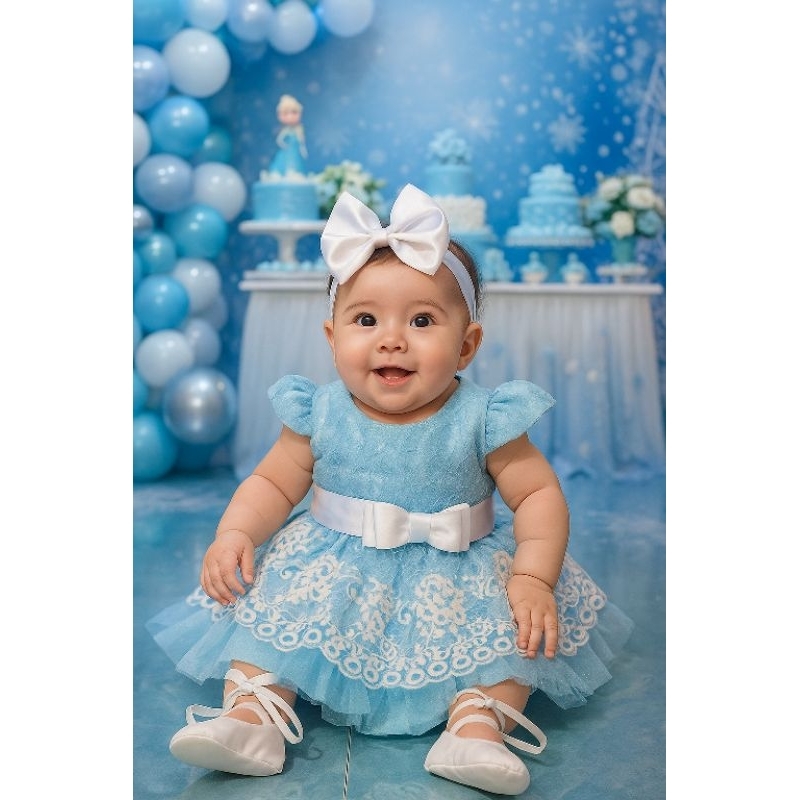 🩵 Vestido de Luxo Azul Princesa + Sapatinho + Calcinha Bumbum Milionário + Faixa com Laço | Bebê 4 a 8 meses