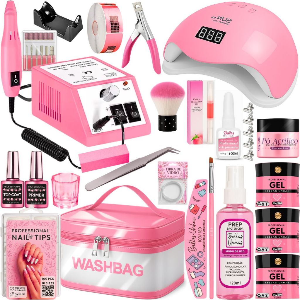 Kit Alongamento Unha Gel Profissional Lixadeira Mercedes e Cabine Led Uv Necessaire - Envio Imediato