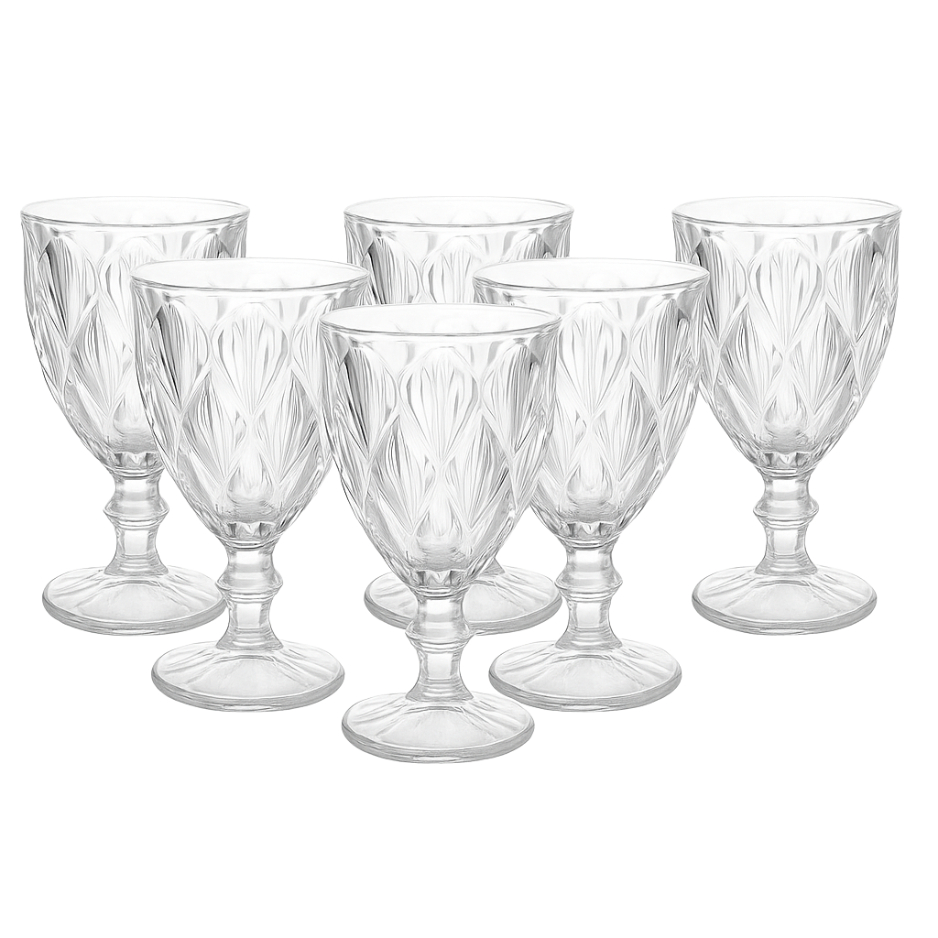 Jogo de Taças de Vidro Diamante 340 ml – 6 Peças | Elegantes, Facetadas, Laváveis em Lava-Louças, Ideais para Vinho