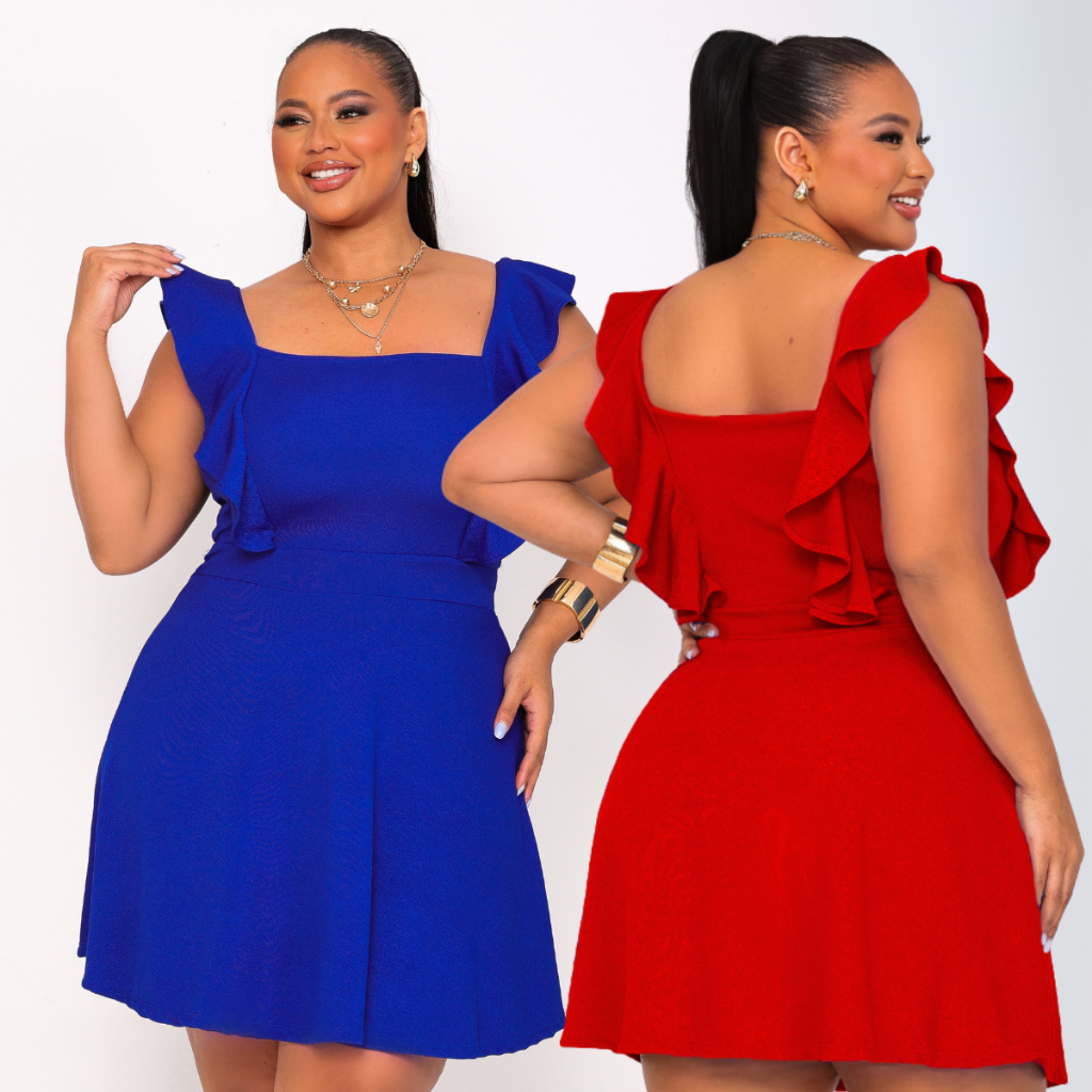 Vestido Feminino Plus Size  Acinturado Curto Com Babado Godê Elegante 44 ao 54