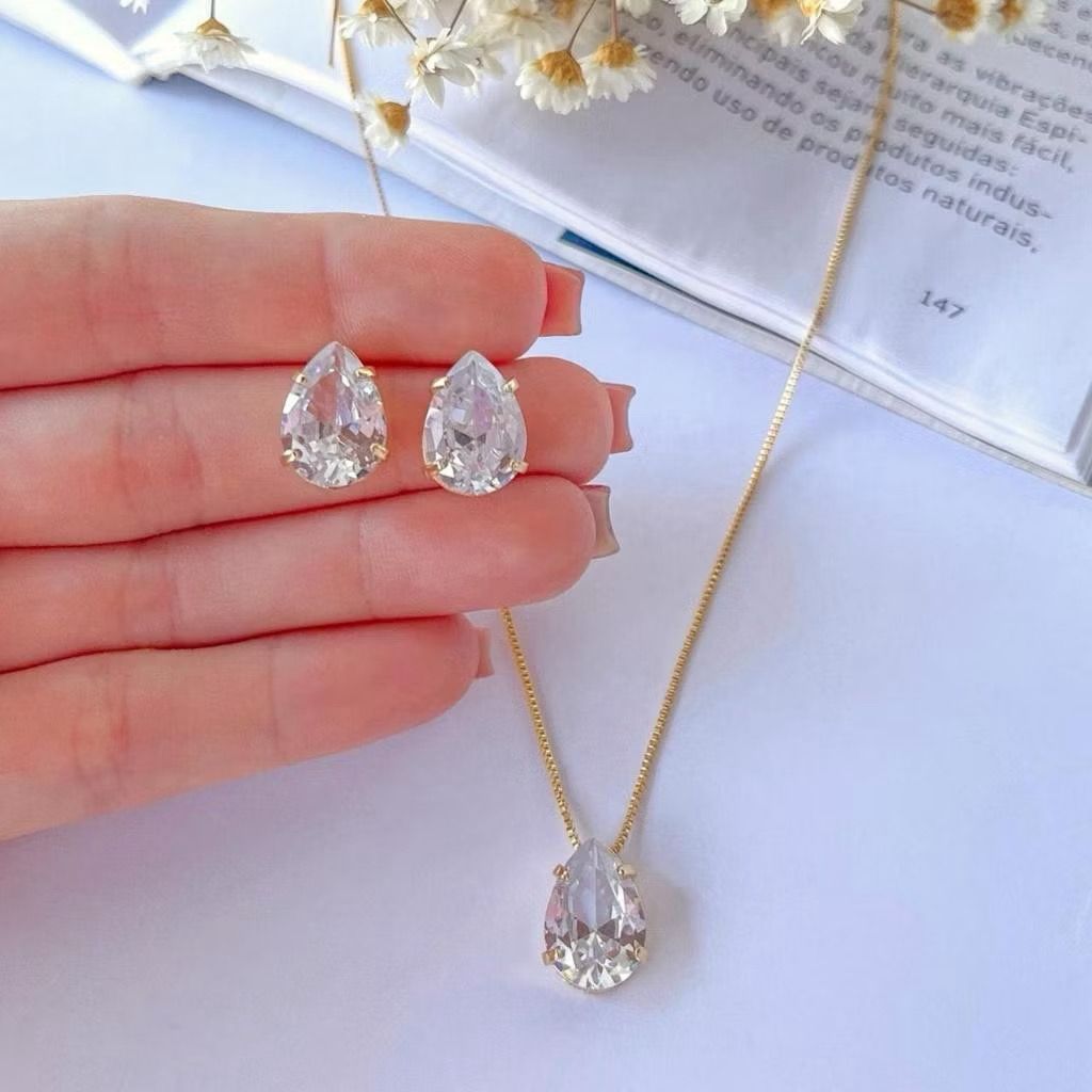 Conjunto Colar e Brinco Gota Cristal Folheada Ouro18k e Prata925 Luxo em Oferta na Shopee