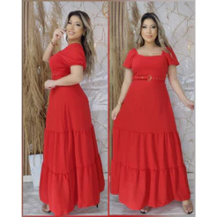 Vestido Longo manga casual Festa Forrado com cinto Confortável Versátil