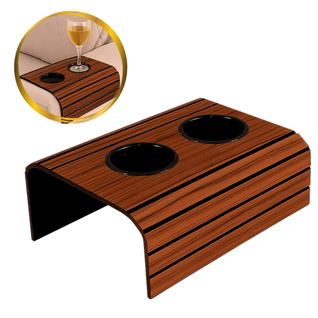 Esteira de Sofá Premium MDF – Apoio de Braço com Porta Copos Duplo, Porta Controle e Porta Treco Decorativo Morashoku