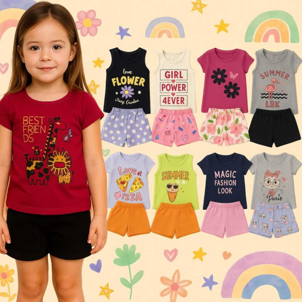 Conjunto Feminino Multimarcas Estampado Camiseta Regata e Bermuda Roupa Menina |Tamanho 2 ao 8