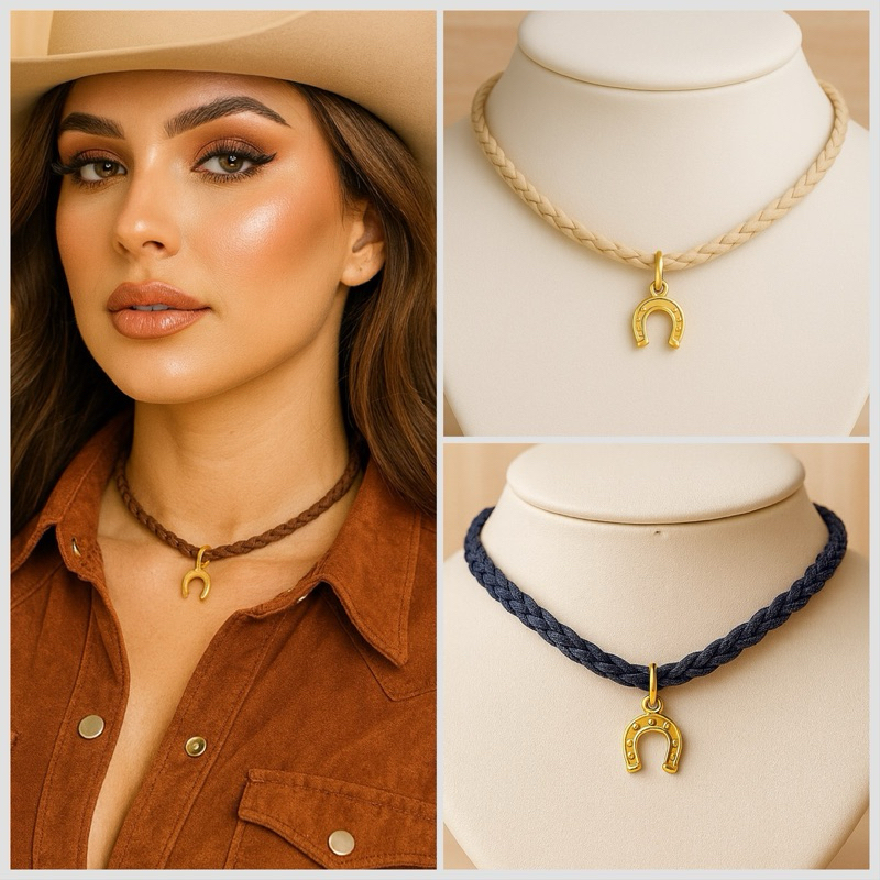 Colar camurça trançado pingente folheado country sertanejo em Oferta na Shopee