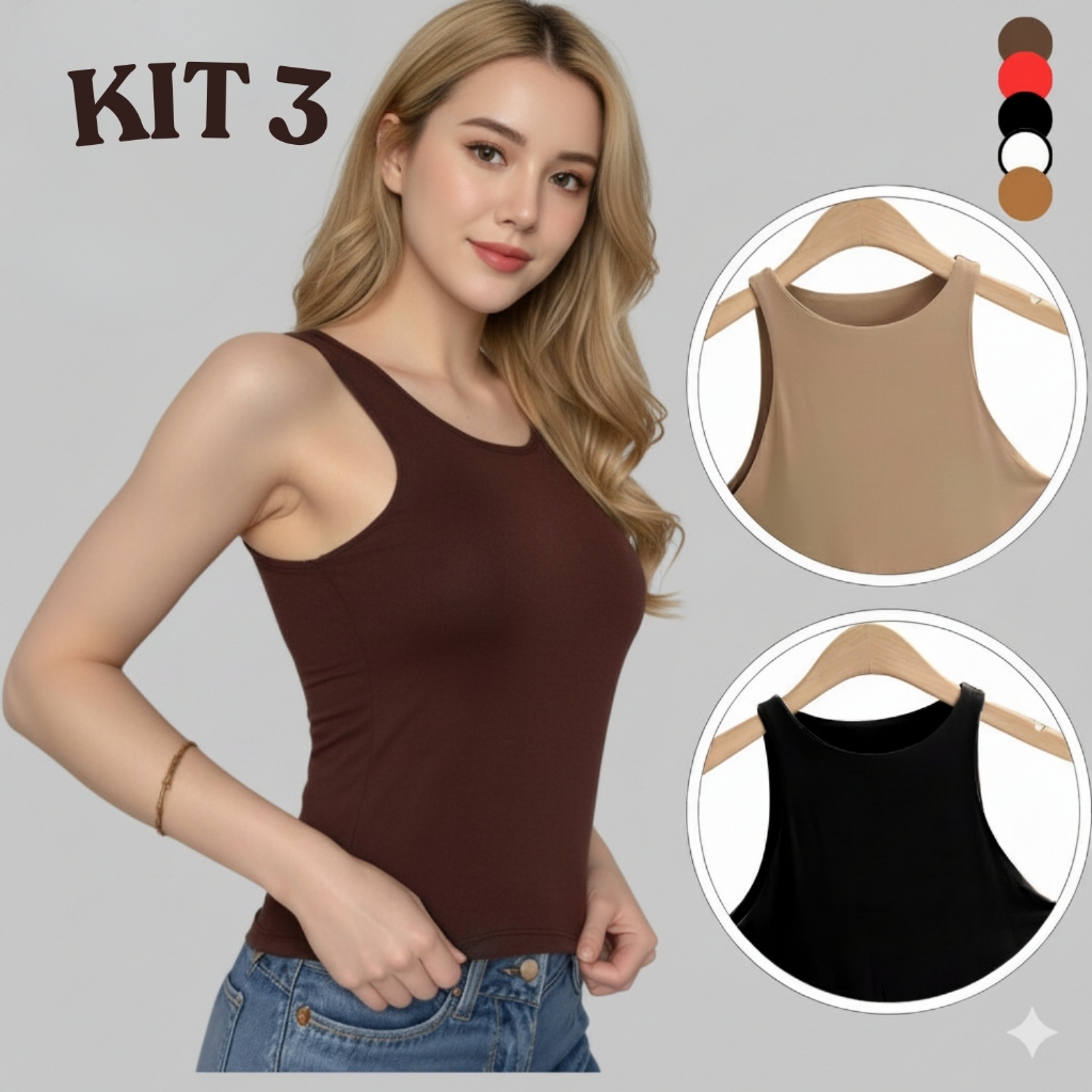 Kit 3 Regatas Blusinha Feminina Básica Elegante Moda Blogueira Tendencia Tecido Helanca em Oferta na Shopee