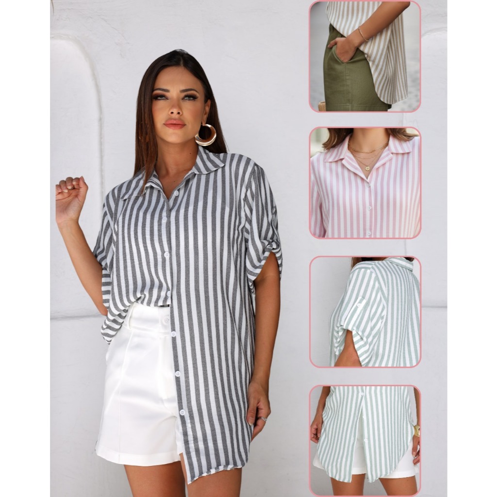 Camisa Feminina Listrada  Manga Curta Botoes FuncionaisCamisão Chemise Casual Tecido duna Nã o Amasa