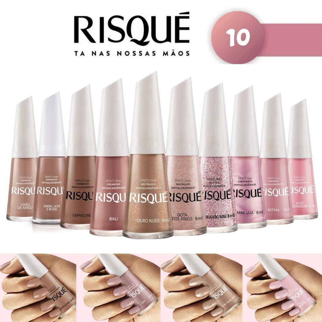 Esmalte Risque Kit com 10 cores tons Nude e Rosa - Risqué Delicada