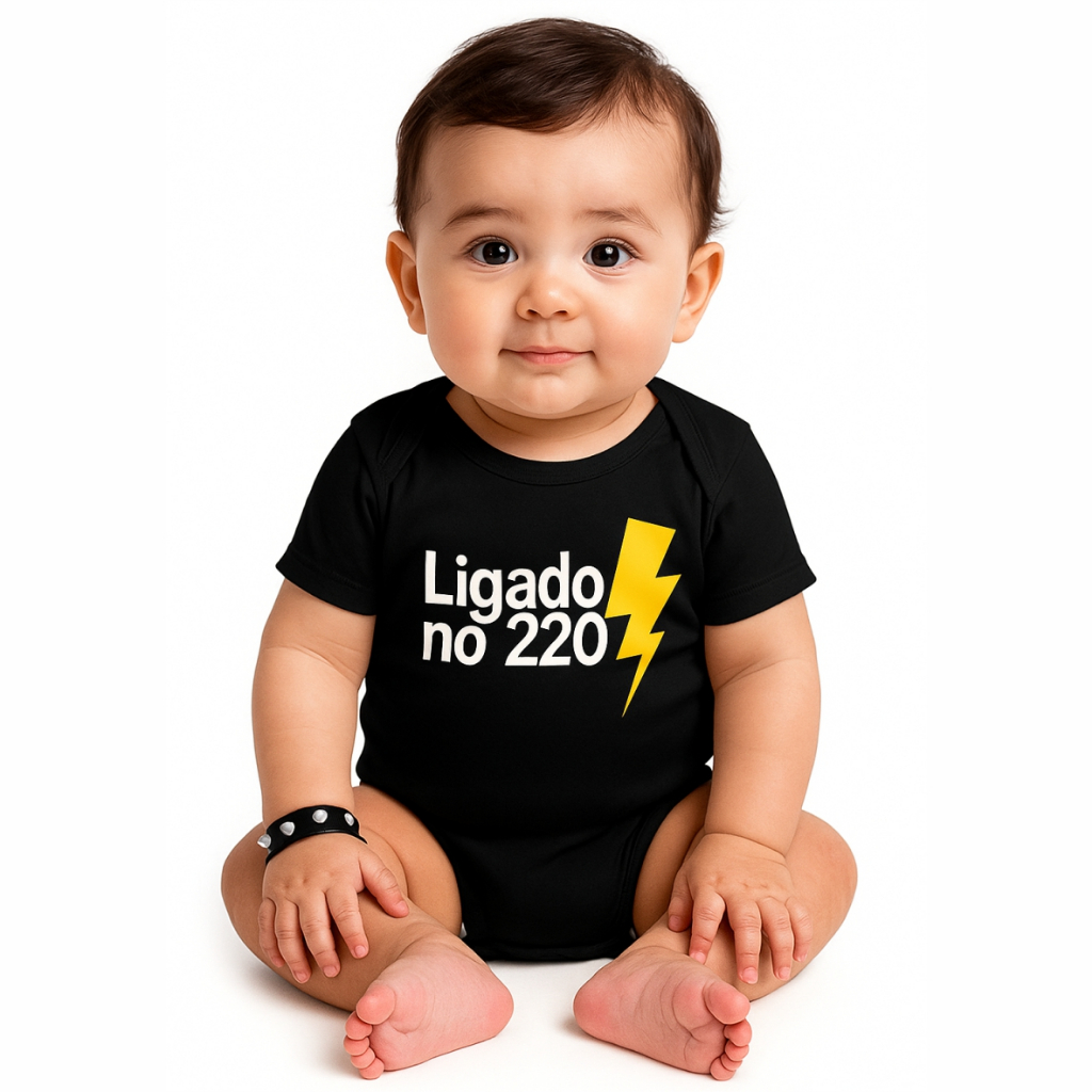 Body Bebê “Ligado no 220” ⚡ | Body Preto Divertido | 100% Algodão | Presente Criativo Infantil em Oferta na Shopee
