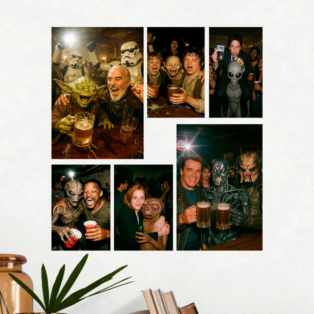 Kit Mosaico 6 Quadros Decorativos Geek Bar Pub Sala Parede MDF Vinil Yoda Alien Terminator