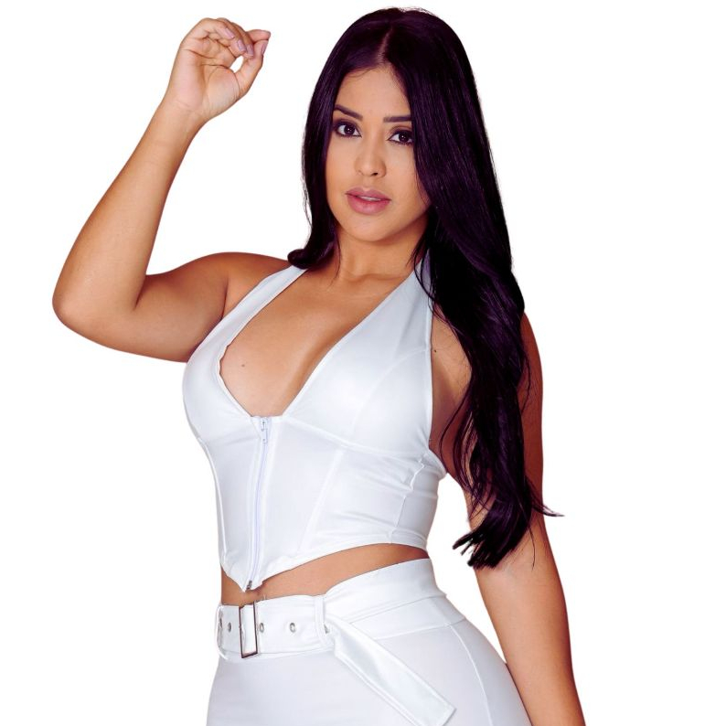 Cropped Top Corselet En Cirre Couro Fake com Zíper Frontal