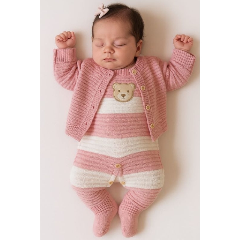 Macacão Salopete Listrado de Ursinho acompanha casaquinho,para Bebês recém nascidos de 0 á 3 meses, Meninas e Meninos RN em Oferta na Shopee