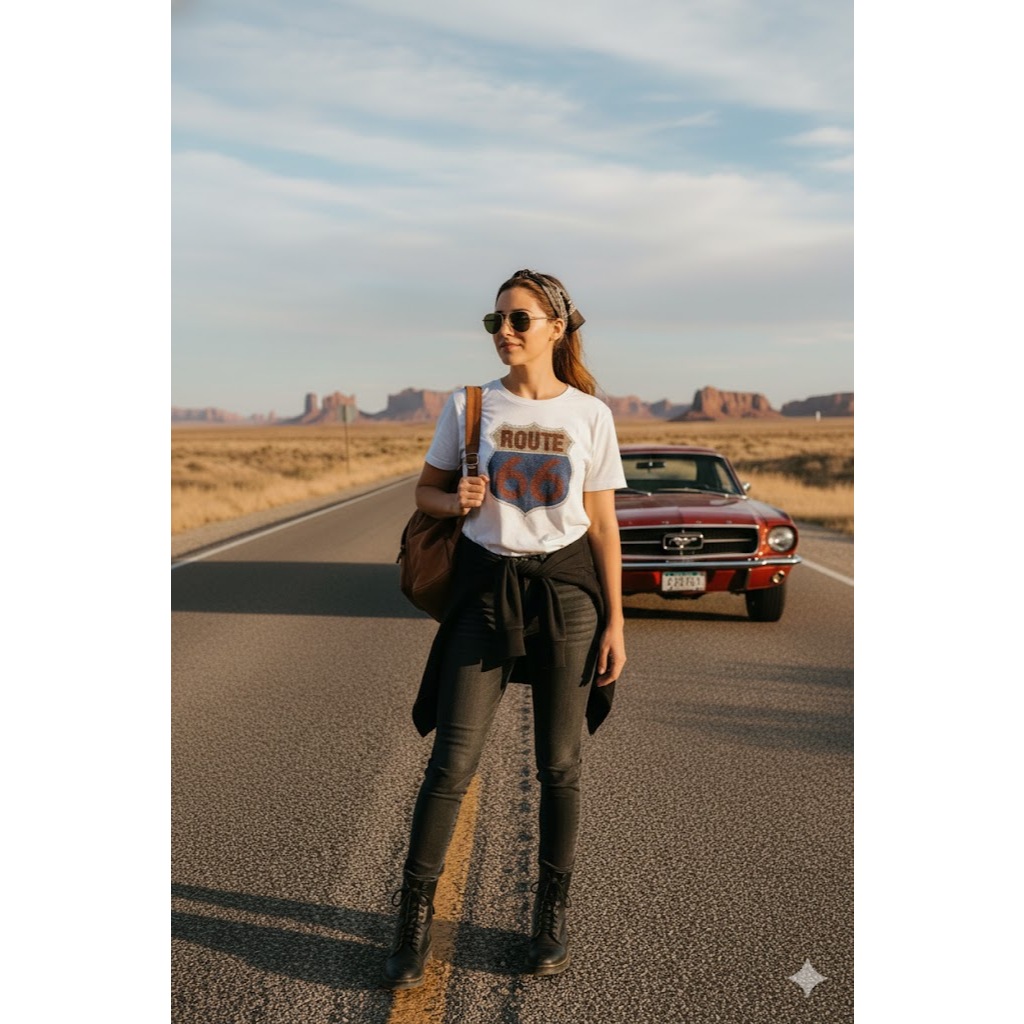Camiseta Camisa T-shirt Route 66 Vintage Algodão Premium  Básica Feminina Estampada Rock Pedraria.