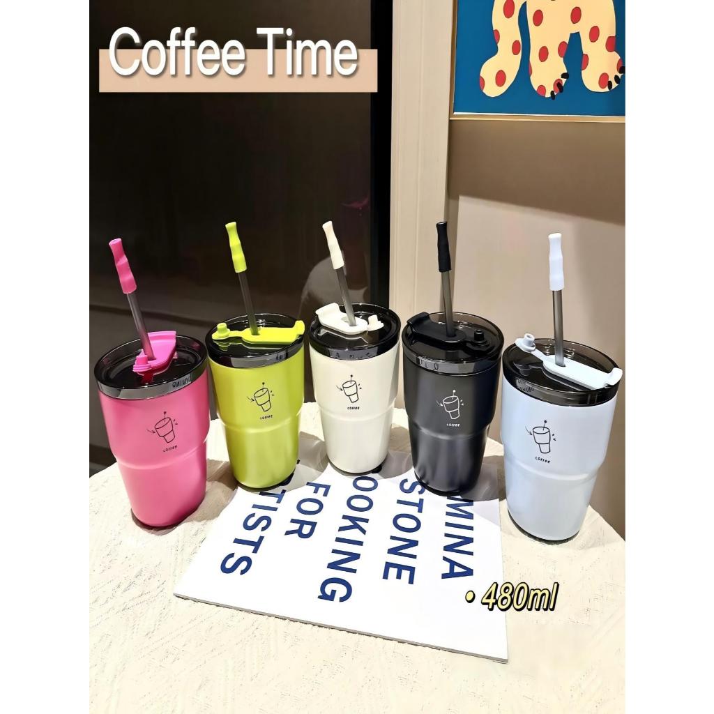 Mini Copo Térmico Pequeno 480ml Canudo Tampa Aço Inoxidavel