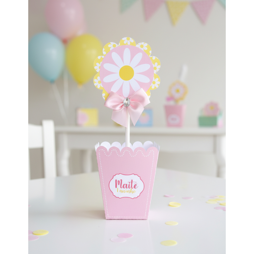 Centro de Mesa Margaridas Pegue e Monte – Cachepot Personalizado Festa Aniversário Lembrancinha