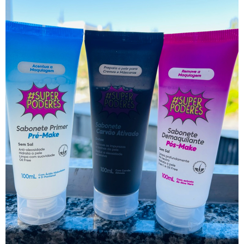 Kit Sabonetes Super Poderes Pré-Make, Carvão Ativado e Pós-Make – Limpeza Completa da Pele