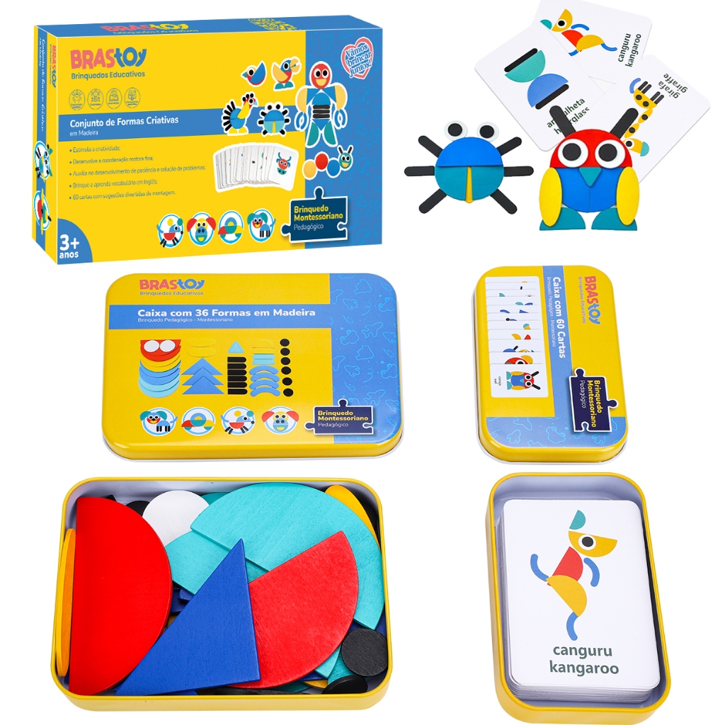 BRASTOY Wooden Shape Puzzles (36 blocos e 60 cartas) , Brinquedos de Desenvolvimento Montessori