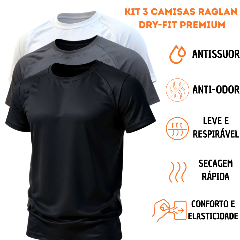 Kit 3 Camisetas Dry Fit Premium Raglan Masculina | Academia Fitness Treino Musculação Casual Respirável Leve — imagem 1