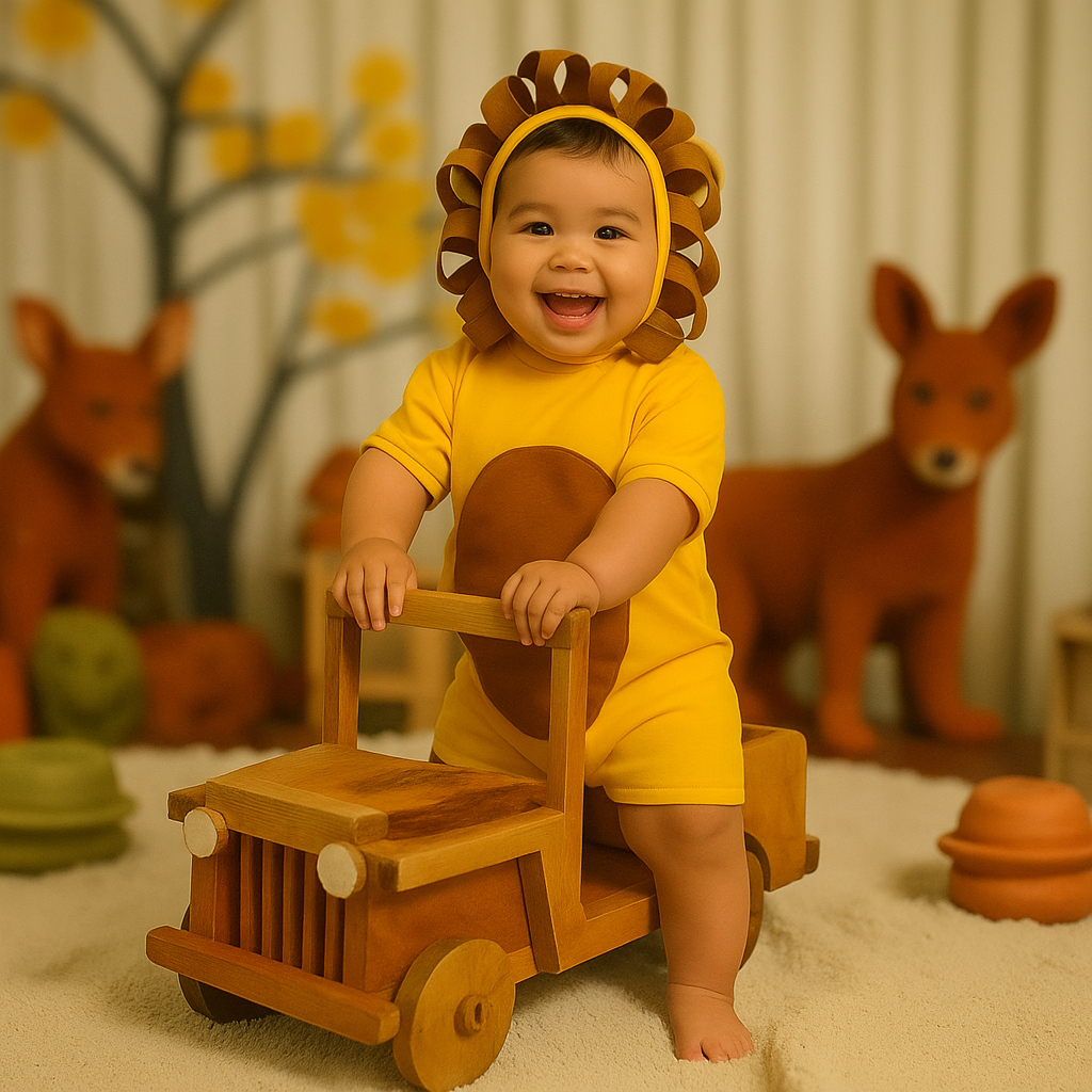 Fantasia Leãozinho Safari Infantil Macacão Curto Bebê Roupa de Menino Bichinhos Carnaval Baby