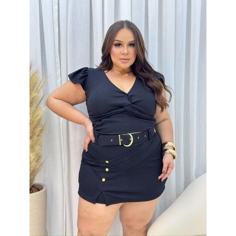 Conjunto Plus Size Ciganinha Ombro a Ombro Shorts Saia Croppet Laycra