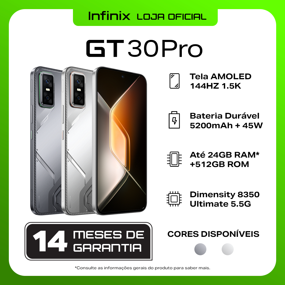 Celular Infinix GT 30 Pro 12GB+512GB–Até 24GB de RAM Extendida–Dimensity 8350 Ultimate Câmera de 108MP NFC