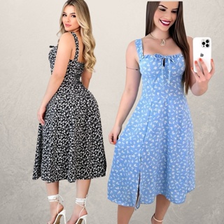 VESTIDO MIDI ROMANTICO ESTAMPADO FLORAL COM ALÇA E ELASTEX CRUZADO, TENDENCIA 2025 em Oferta na Shopee