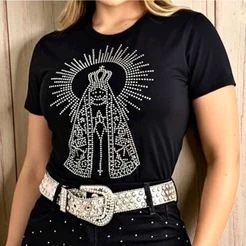 Blusa T-shirt Camiseta N. Sra. Aparecida Pedrarias Brilhos Premium Algodão Rodeio Country Vaquejada