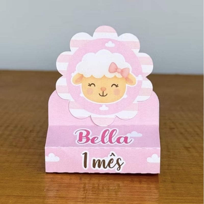 PEGUE E MONTE - Kit Porta Bis Duplo Personalizado Lembrancinhas Aniversário Festa Caixinhas Chá de Bebê Ovelha Rosa