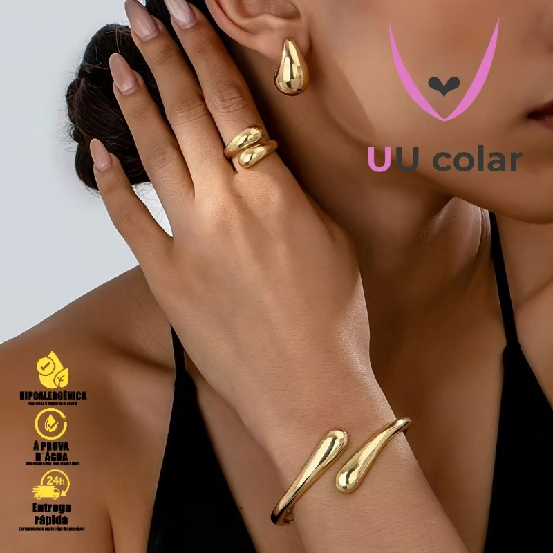 Elegância Dourada: Conjunto de pulseira, anel e brincos em formato de gota em Oferta na Shopee