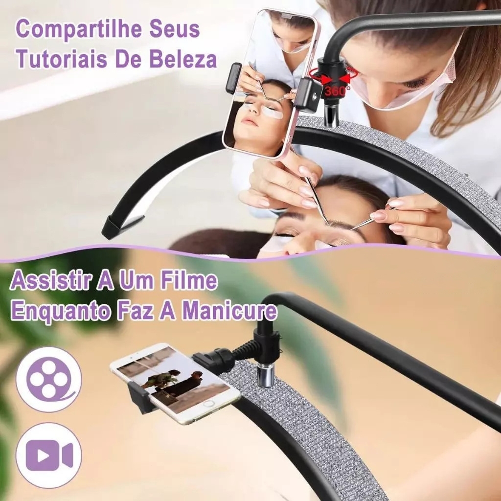 Luminária de Chão Arco Meia Lua Estética LED Ajustável Spa Salão Beleza Limpeza de Pele Base Estável