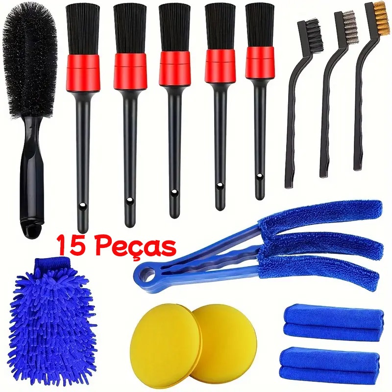 Kit Lavagem de Carro 15 Peças - Escovas, Luvas e Acessórios para Limpeza Automotiva Completa