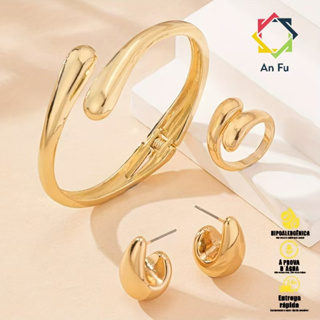 Conjunto de pulseira, brincos e anel em formato de lágrima com pingente de design moderno em metal. em Oferta na Shopee