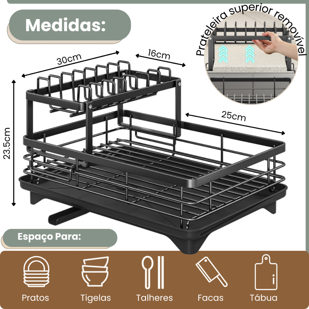 Escorredor de Louça Organizador de Pia Rack de Cozinha Duplo Aço Carbono Com Porta Copos Talheres — foto 2