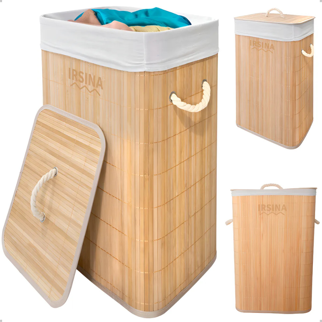 40*30*50CM  Cesto De Roupa Bambu Dobrável Retangular Com Tampa E Forro
