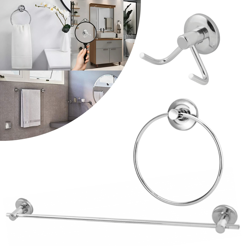 Kit 03 Peças Inox Acessórios Para Banheiro com Fixação Dupla - Cabide, Porta Toalha de Rosto e Banho em Oferta na Shopee