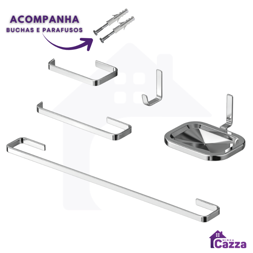 Kit Acessórios Banheiro Banheiro 5 Peças Cromado Quadrado INOX Completo em Oferta na Shopee