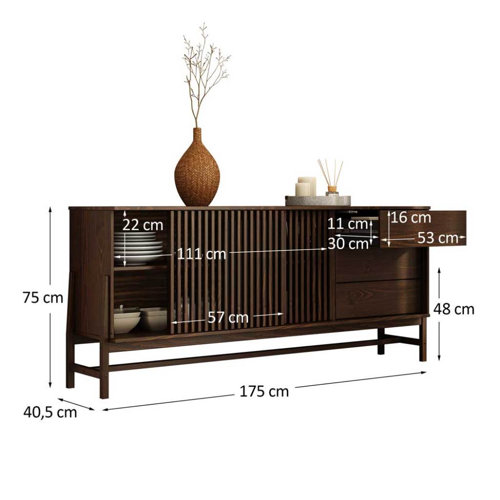 Detalhes do Buffet Ripado 170 cm Decorativo Porta de Correr Madeira Imbuia Adamo