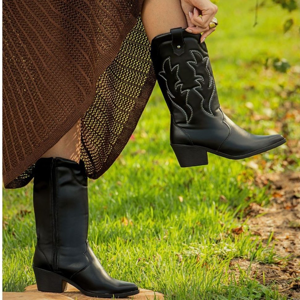 Bota Texana Feminina Western Bordado Cano Longo Salto Grosso em Oferta na Shopee