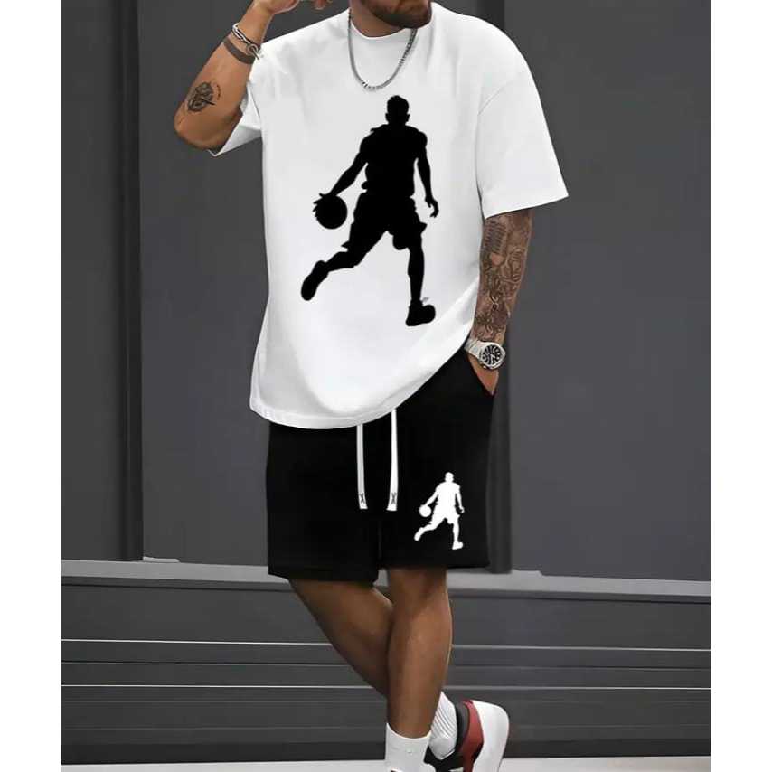 Conjunto Camiseta Algodão e Bermuda de Moletom Short com Bolso Masculina Academia Casual Treino Basquetebol